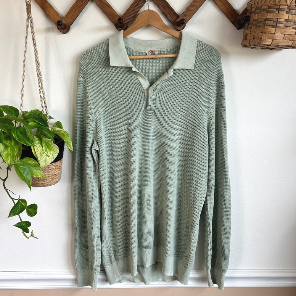Faherty Brand Mens Organic Cotton Waffle Knit Polo Sweater Sage Green Large